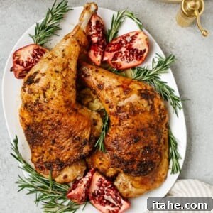 overhead view of roasted turkey leg on a white plate