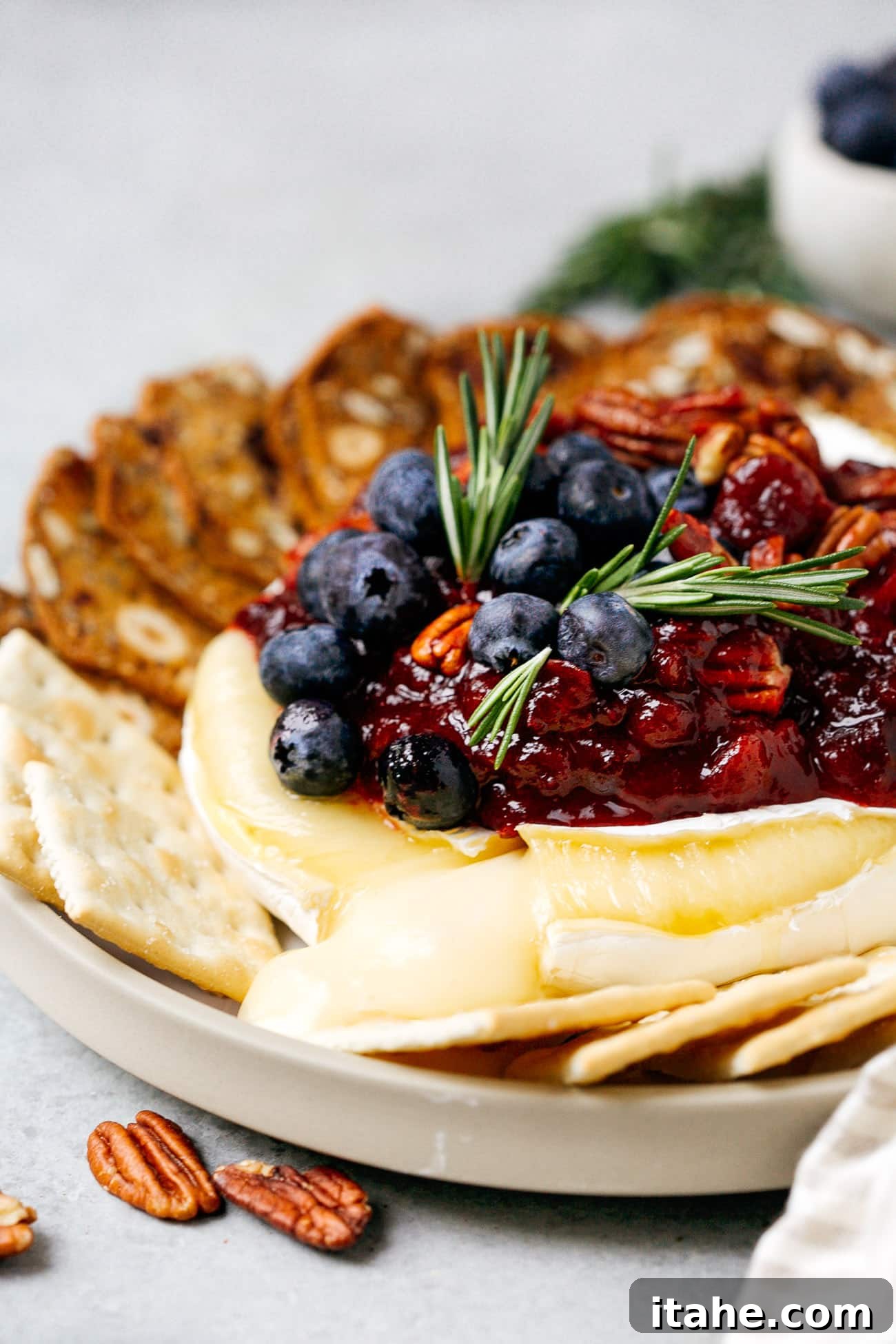 Warm Cranberry Brie Delight 2 Close up of a baked brie with cranberry sauce cut open with cheese melting out, surrounded by crackers and fresh rosemary.