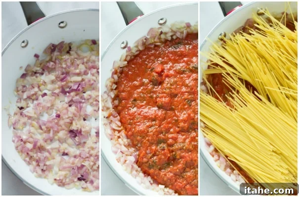 Ingredients for One-Pan Shrimp Spaghetti laid out on a kitchen counter