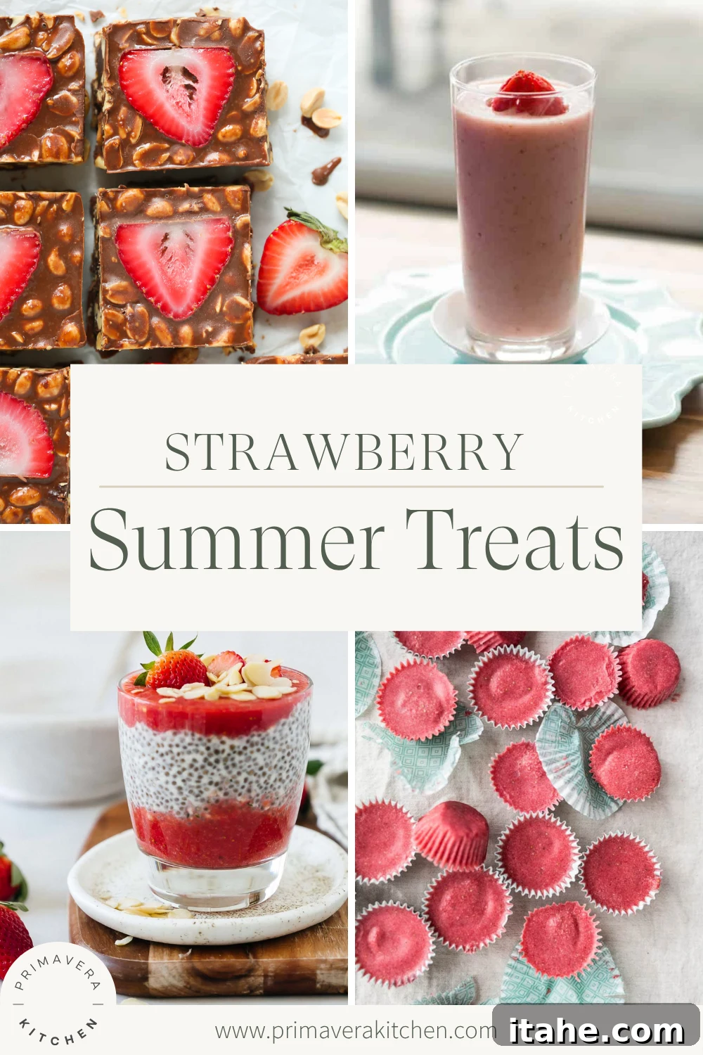 A vibrant photo collage showcasing various strawberry summer treats, including strawberry cheesecake, ice cream, and smoothies.