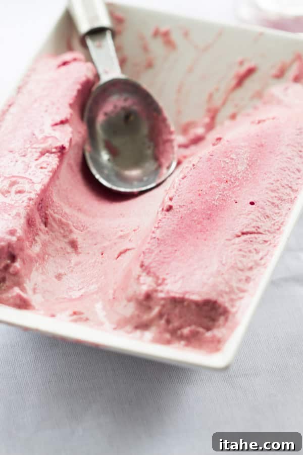 Healthy Strawberry Ice Cream with natural sweeteners and coconut milk - A close-up of a refreshing scoop of strawberry ice cream, showcasing its creamy texture and vibrant color.