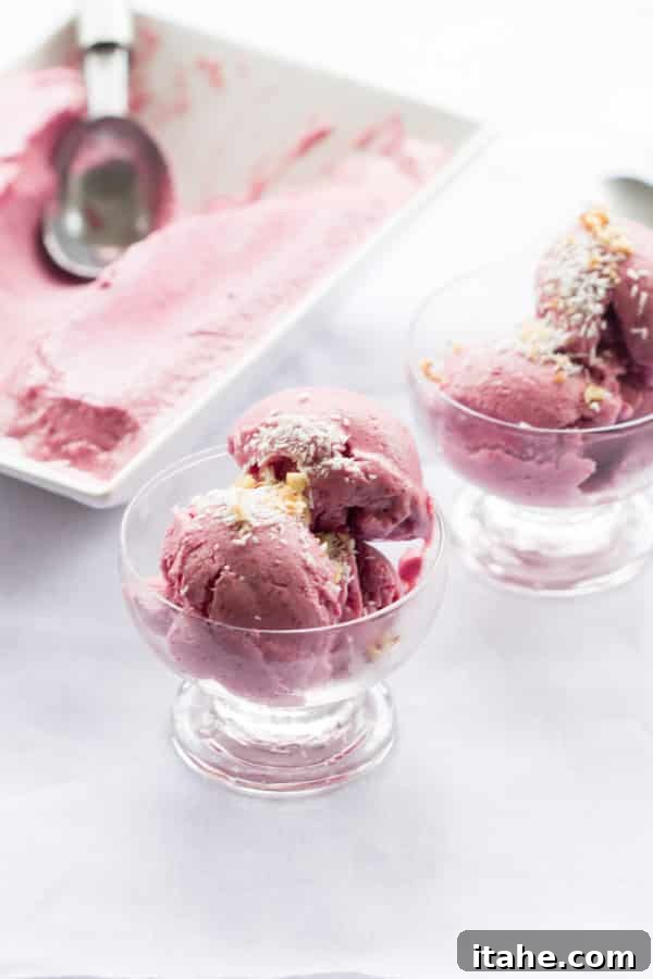 Homemade Dairy-Free Strawberry Ice Cream - A serving of homemade strawberry ice cream, highlighting its delightful color and smooth consistency, ready to be enjoyed.