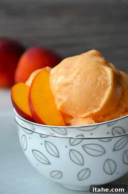 Indulge Wisely: Wholesome Ice Cream Treats 6 A beautifully presented serving of peach frozen yogurt, adorned with fresh peach slices, in a white bowl complemented by green leaves for a touch of freshness.