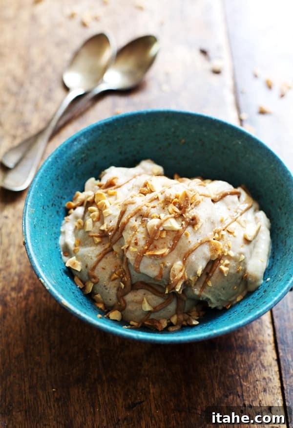 Indulge Wisely: Wholesome Ice Cream Treats 7 Rich peanut butter banana ice cream, generously topped with chopped peanuts, served invitingly in a rustic blue bowl.