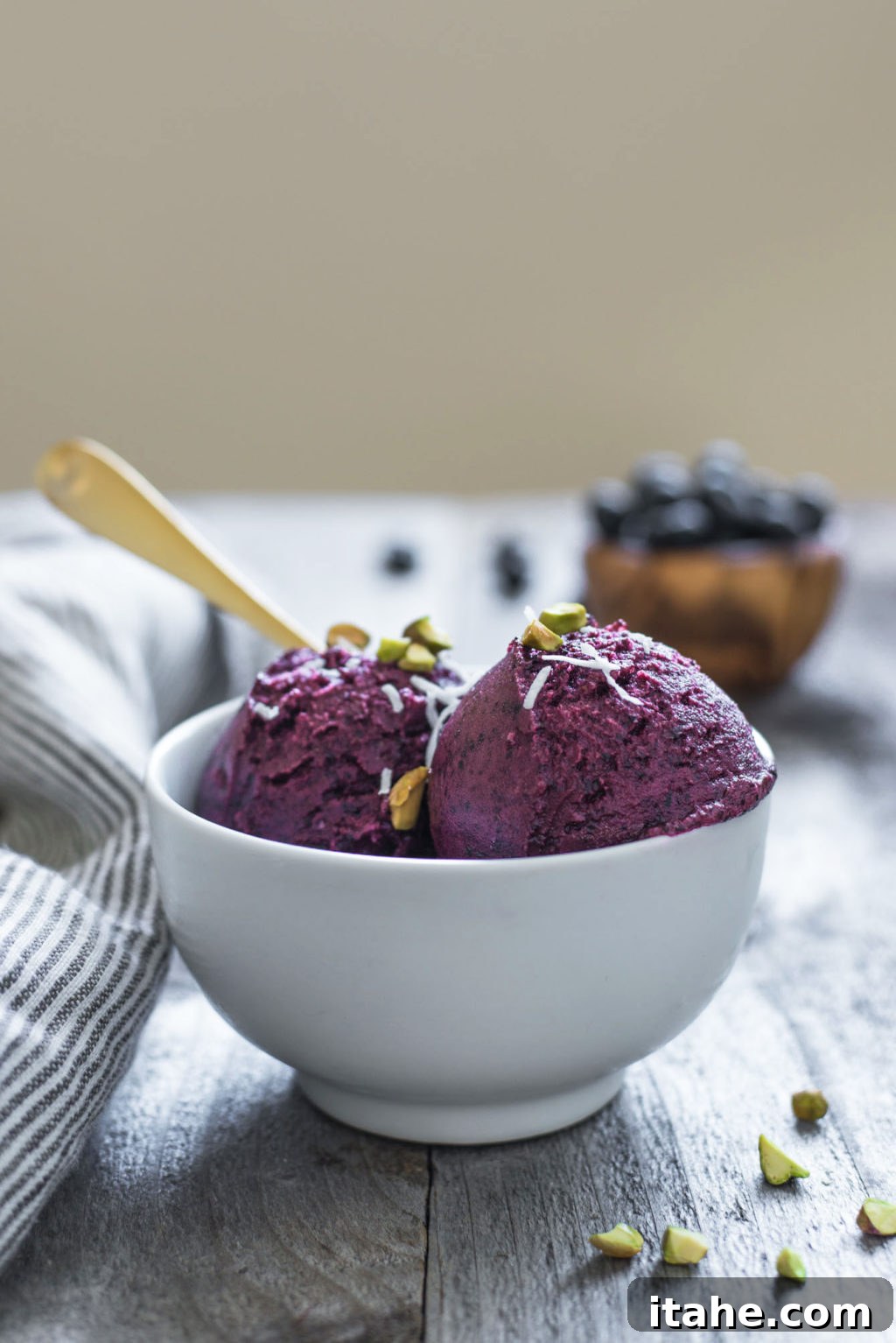 Indulge Wisely: Wholesome Ice Cream Treats 8 Two scoops of beautiful blueberry frozen yogurt, adorned with a sprinkle of pistachios and shredded coconut, presented in a clean white bowl.