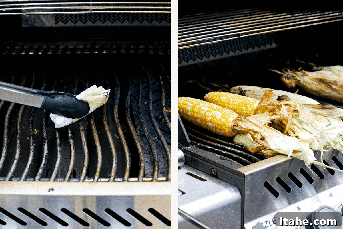 Grilled Corn Duo: From Simple to Sublime 3 Photo Collage (and shown): two photos of corn on a cob in a grill