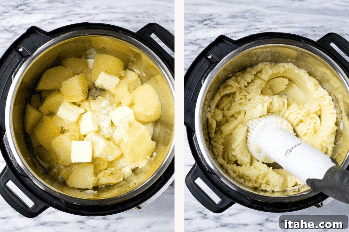 Left: butter, cream and seasonings added to potatoes. Right: mashing potatoes.