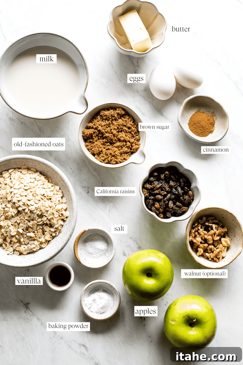 Spiced Apple Raisin Baked Oatmeal 3 An overhead shot showcasing the key ingredients for baked oatmeal: oats, apples, raisins, milk, and spices, beautifully arranged on a rustic wooden surface.