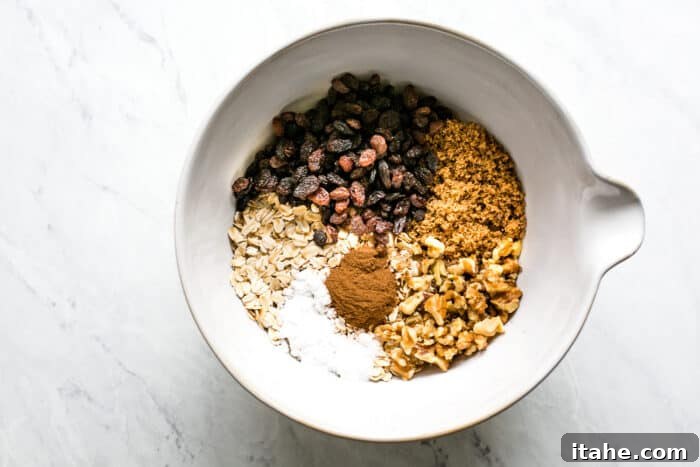 Spiced Apple Raisin Baked Oatmeal 4 Dry ingredients like oats, brown sugar, and spices measured into a mixing bowl, ready to be combined.