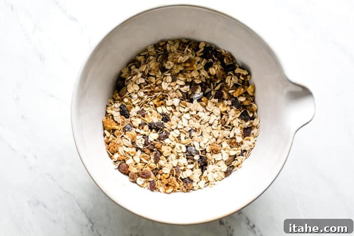 Spiced Apple Raisin Baked Oatmeal 5 Dry ingredients for baked oatmeal, including oats, brown sugar, cinnamon, and raisins, perfectly mixed in a bowl.