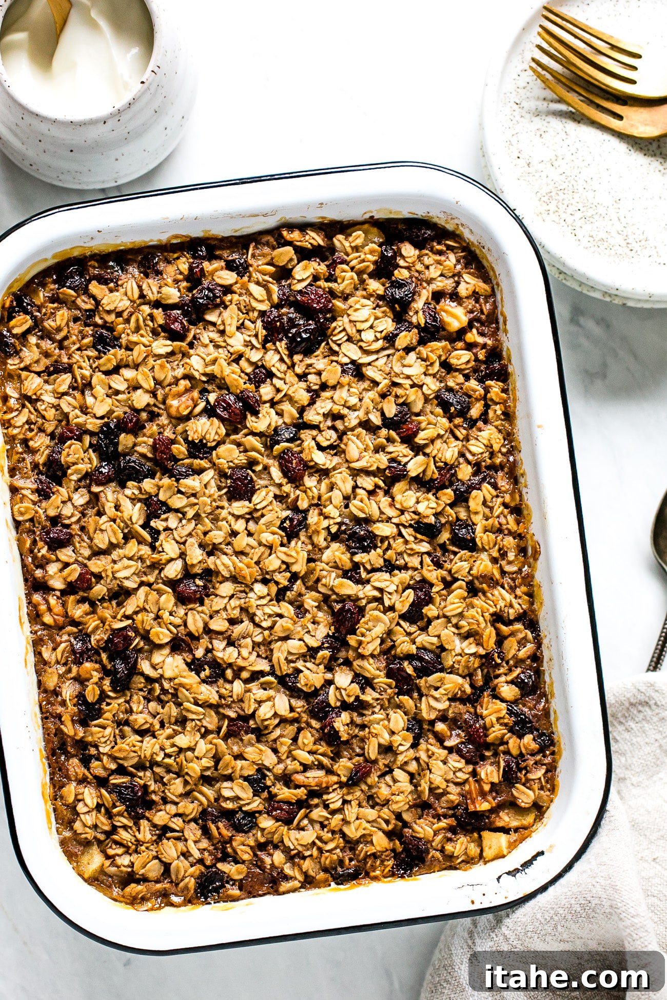 Spiced Apple Raisin Baked Oatmeal 9 A freshly baked pan of golden-brown oatmeal studded with apples and raisins, cooling on a wire rack, ready to be served.