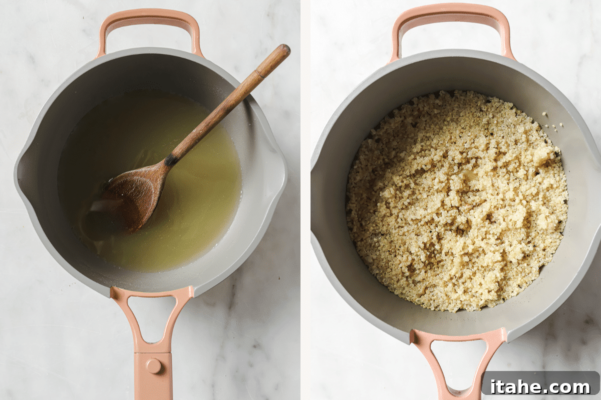 Left: broth and a wooden spoon in a pot. Right: cooked quinoa in a pot.