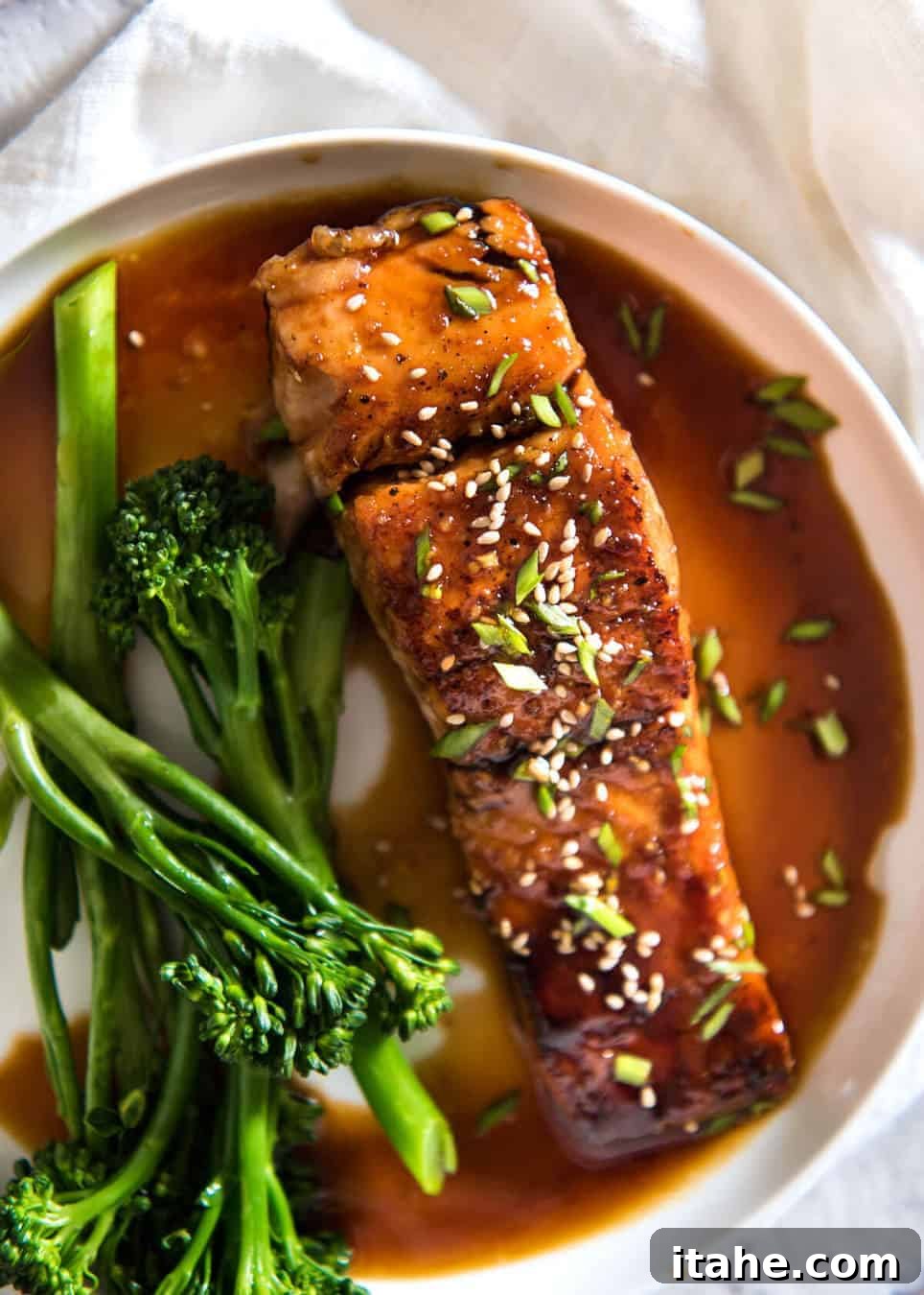 An overhead view of luscious honey garlic salmon presented in a pristine white bowl.