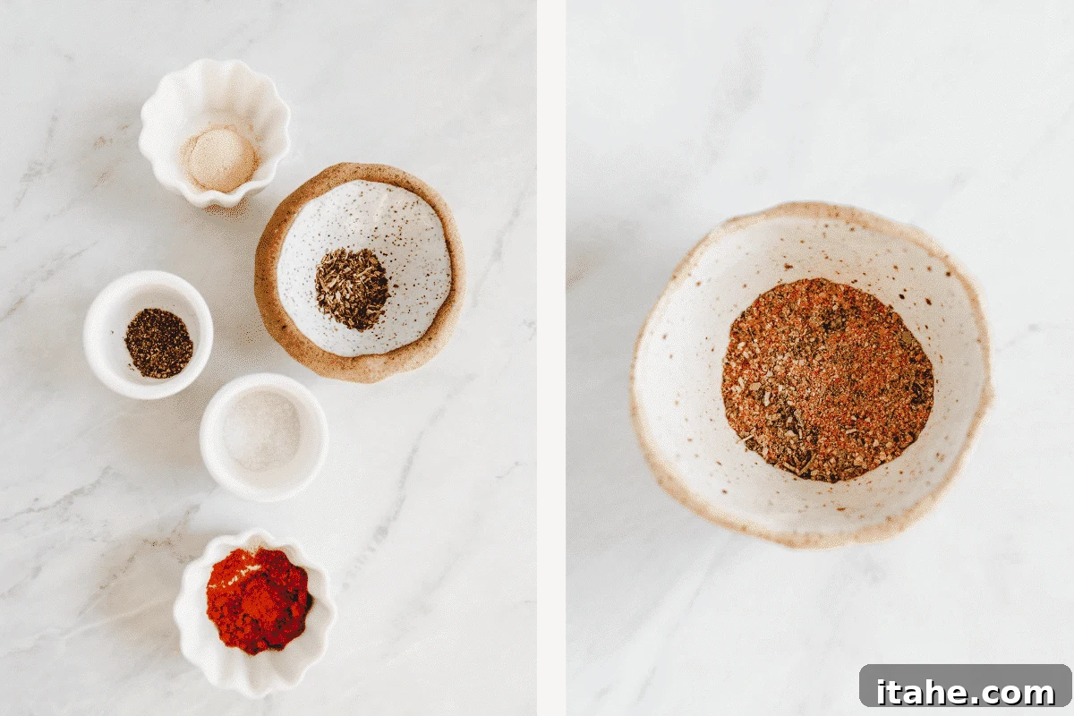 Juicy Oven Baked Chicken Breast 3 Left: small bowls with individual spices. Right: A mixture of spices in a small bowl, ready for seasoning.