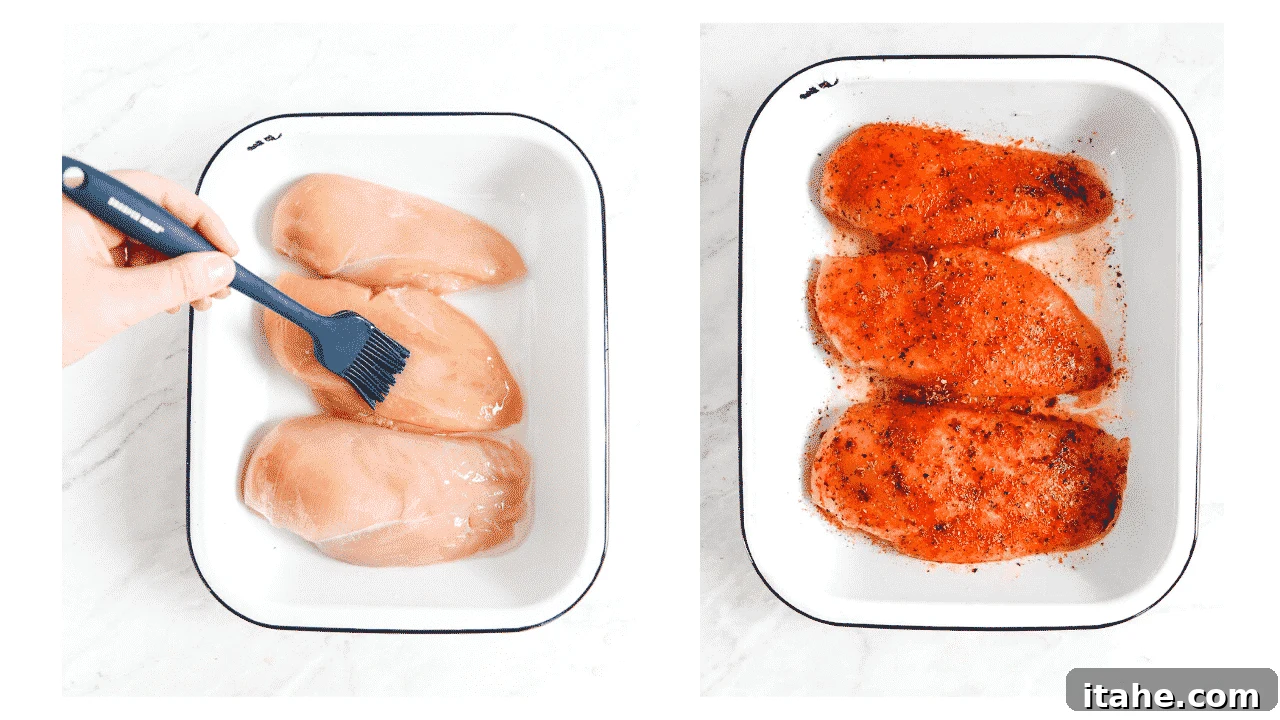 Juicy Oven Baked Chicken Breast 5 Two photos side by side: raw chicken breast drizzled with olive oil, and seasoned chicken breasts arranged in a white baking dish