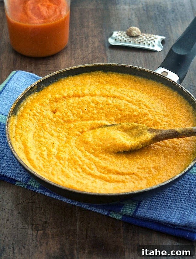 The Ultimate Fall Pumpkin Sauces 4 A black skillet brimming with creamy pumpkin sauce, subtly enriched with yogurt, featuring a wooden spoon resting inside, ready to serve.