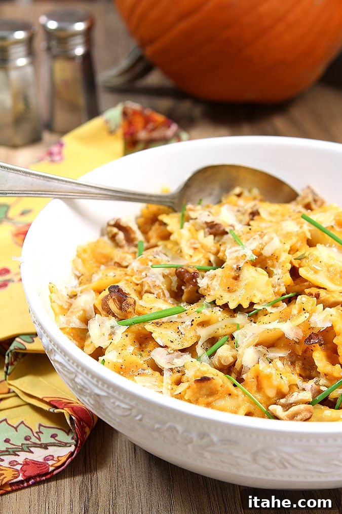 The Ultimate Fall Pumpkin Sauces 5 A white bowl featuring beautiful bowtie pasta coated in a luxurious pumpkin sauce, garnished with toasted walnuts and fresh chives.