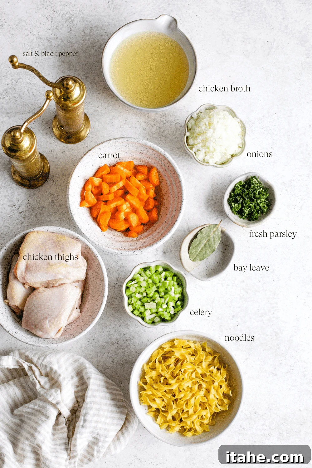 Fresh ingredients laid out for making Instant Pot chicken noodle soup: chicken thighs, carrots, celery, onion, broth, and seasonings.