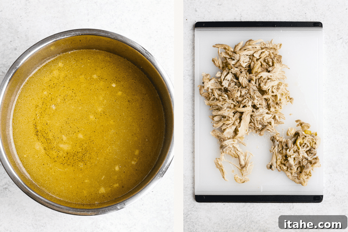 Left: Instant Pot filled with broth, vegetables, seasonings, and chicken thighs. Right: Shredding cooked chicken on a cutting board.