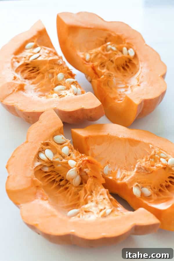 Pumpkin Prepared for Roasting Pumpkin halves with seeds removed, ready for cutting into wedges