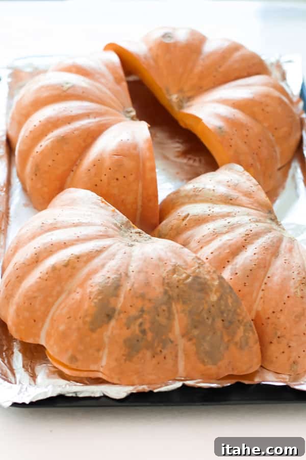 Roasting Pumpkin Wedges Pumpkin wedges placed skin-side up on a foil-lined baking sheet, ready for roasting