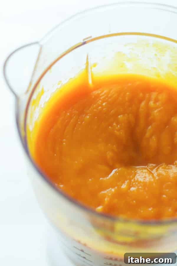 Finished Homemade Pumpkin Puree Smooth homemade pumpkin puree in a white bowl, ready for use in various recipes