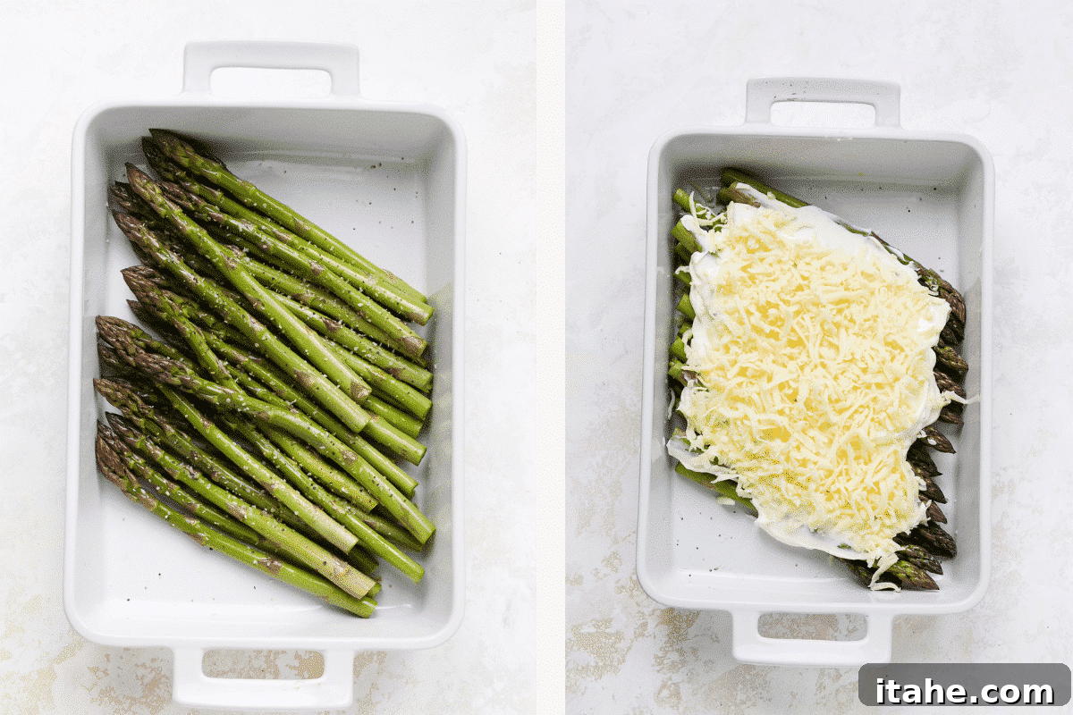 Left image shows seasoned asparagus spears in a baking dish. Right image shows asparagus covered in a creamy sauce and topped with shredded mozzarella cheese.