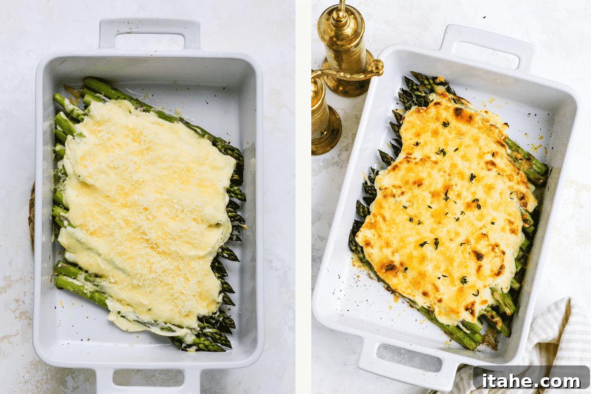 Left image shows a baked asparagus casserole with melted, bubbly cheese. Right image shows the casserole after broiling, with golden-brown Parmesan cheese on top.