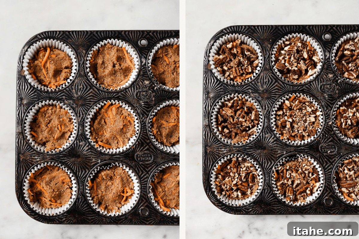 Spiced Gluten-Free Carrot Muffins 5 Left: batter in muffin liners. Right: pecans added on top.