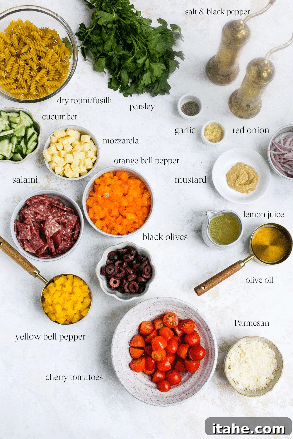 Vibrant Italian Pasta Salad 3 Overhead view of all the ingredients to make Italian Pasta Salad Recipe