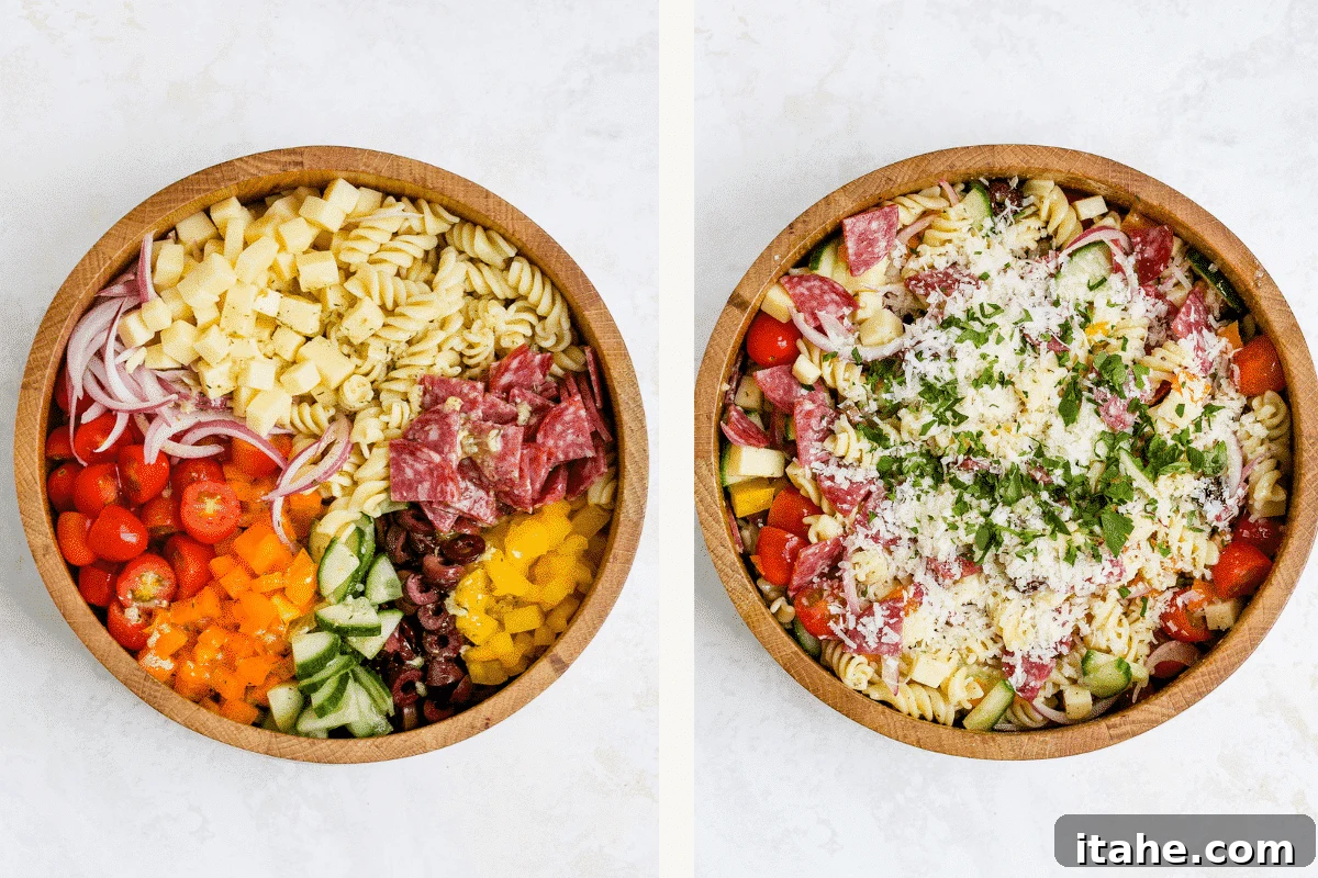 Vibrant Italian Pasta Salad 6 a set of two photos of Italian Pasta Salad recipe