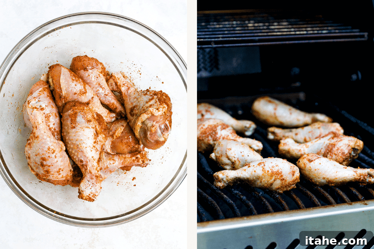 Perfectly Charred Chicken Legs 4 Two images side by side: the left shows raw chicken legs perfectly coated with seasoning in a glass bowl, while the right displays the chicken legs sizzling on a hot grill, achieving a perfect sear.