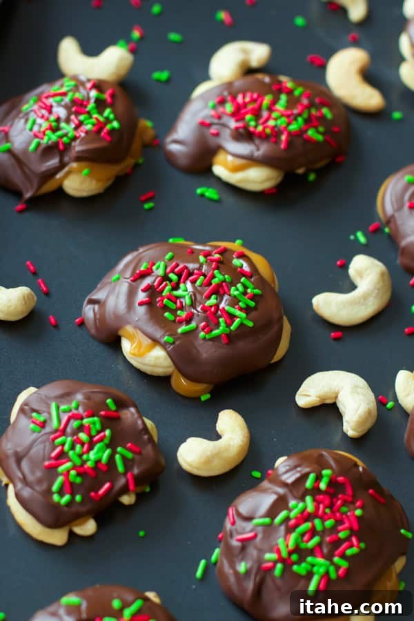 Snowman Chocolate Delights 3 Christmas Dulce de Leche Cashew Turtles: A delightful, chewy holiday treat.
