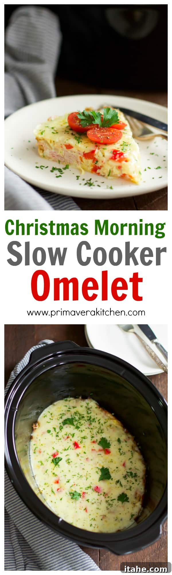 A perfectly cooked Christmas Morning Slow Cooker Omelet, garnished and ready to be served.