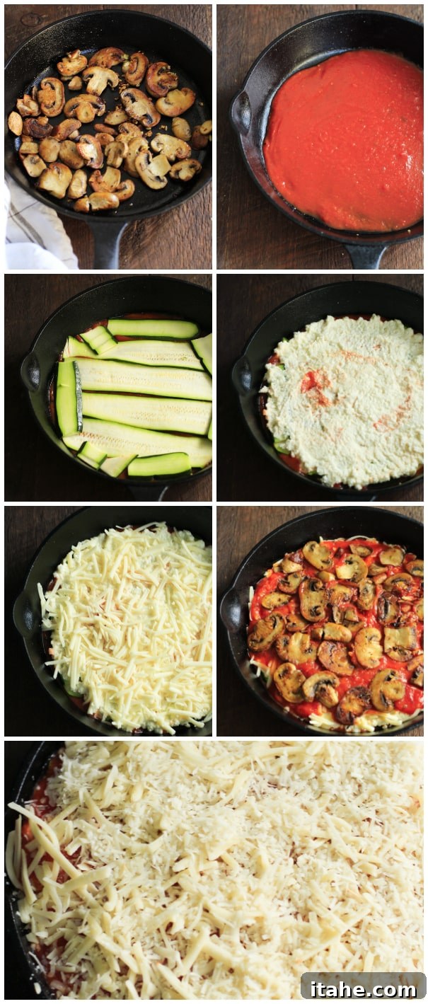 Close-up of a bubbling Zucchini Lasagna Skillet fresh out of the oven, showing melted cheese and rich tomato sauce.