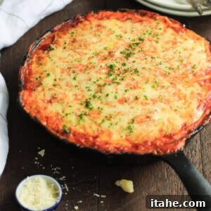 overhead view a a skillet lasagna
