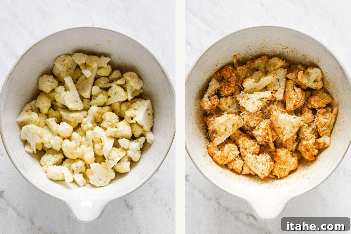 Crispy Cauliflower Poppers 4 Two side-by-side photos showing cauliflower florets in a bowl: one before seasoning with just butter, and the other after being tossed with Parmesan cheese and spices.