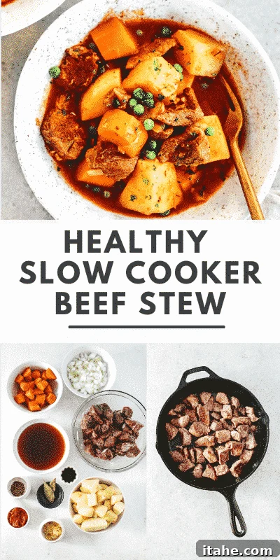 collage of slow cooker beef stew recipe photos and a text that says \"Healthy Slow Cooker Beef Stew\"