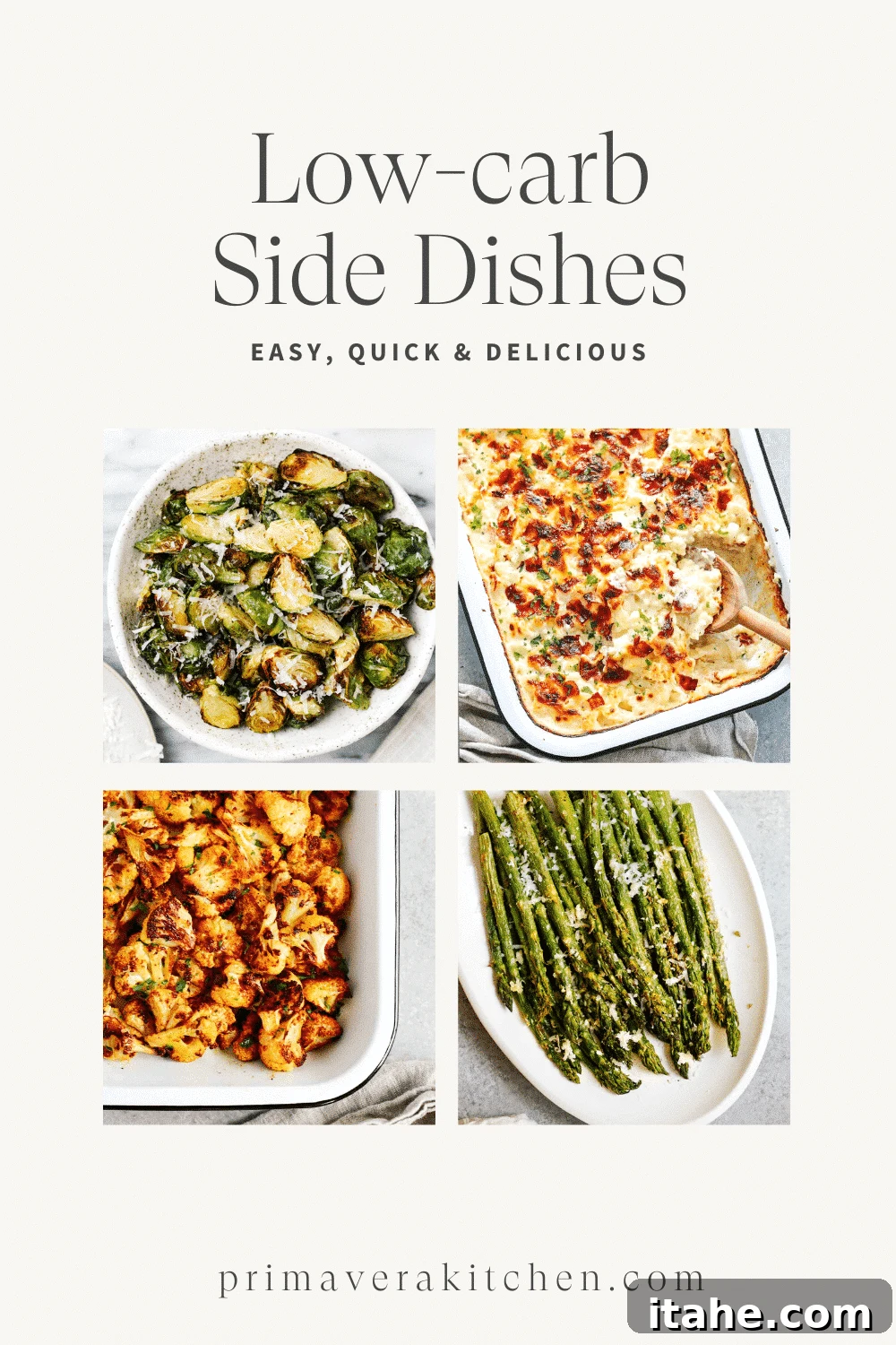 A vibrant collage featuring various low-carb side dish recipes, including roasted vegetables, fresh salads, and casseroles, with a prominent text overlay 'Low Carb Side Dish Recipes'