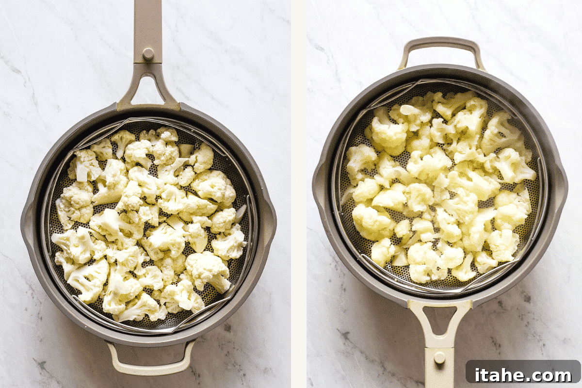 Crispy Cauliflower Bites 4 A side-by-side photo showing raw cauliflower florets next to perfectly steamed cauliflower florets in a skillet, demonstrating the tender consistency.