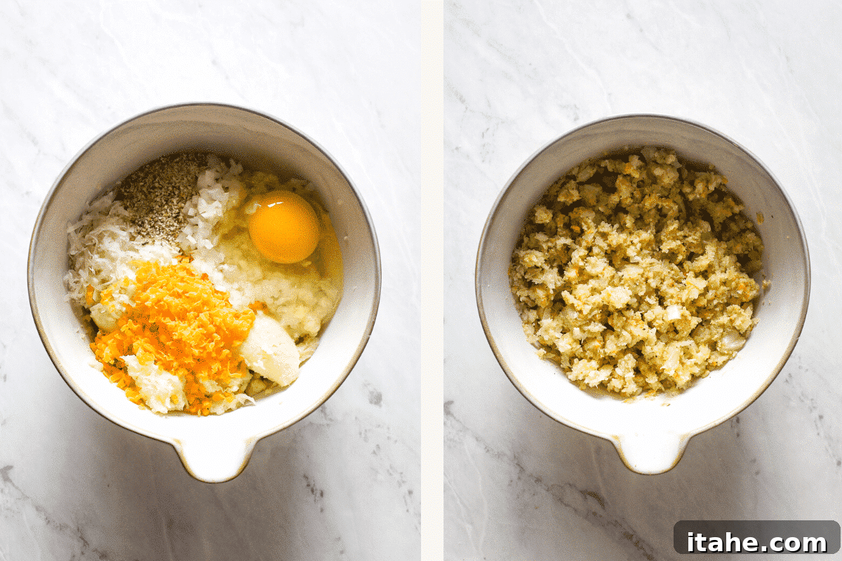 Crispy Cauliflower Bites 7 Left: All measured ingredients for cauliflower tots in a large bowl alongside the prepared cauliflower puree. Right: All ingredients mixed thoroughly together into a uniform mixture, ready for shaping.