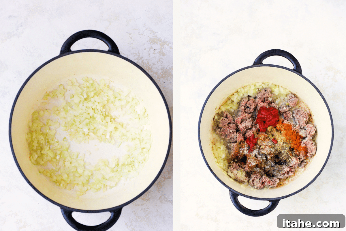 Left: Chopped onions are seen sautéing in a large pot. Right: Ground meat and various seasonings have been added to the pot, being stirred together.