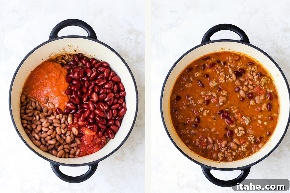 Left: Canned beans and crushed tomatoes are added to the pot with the seasoned beef. Right: Beef broth is being poured into the chili mixture in the pot.