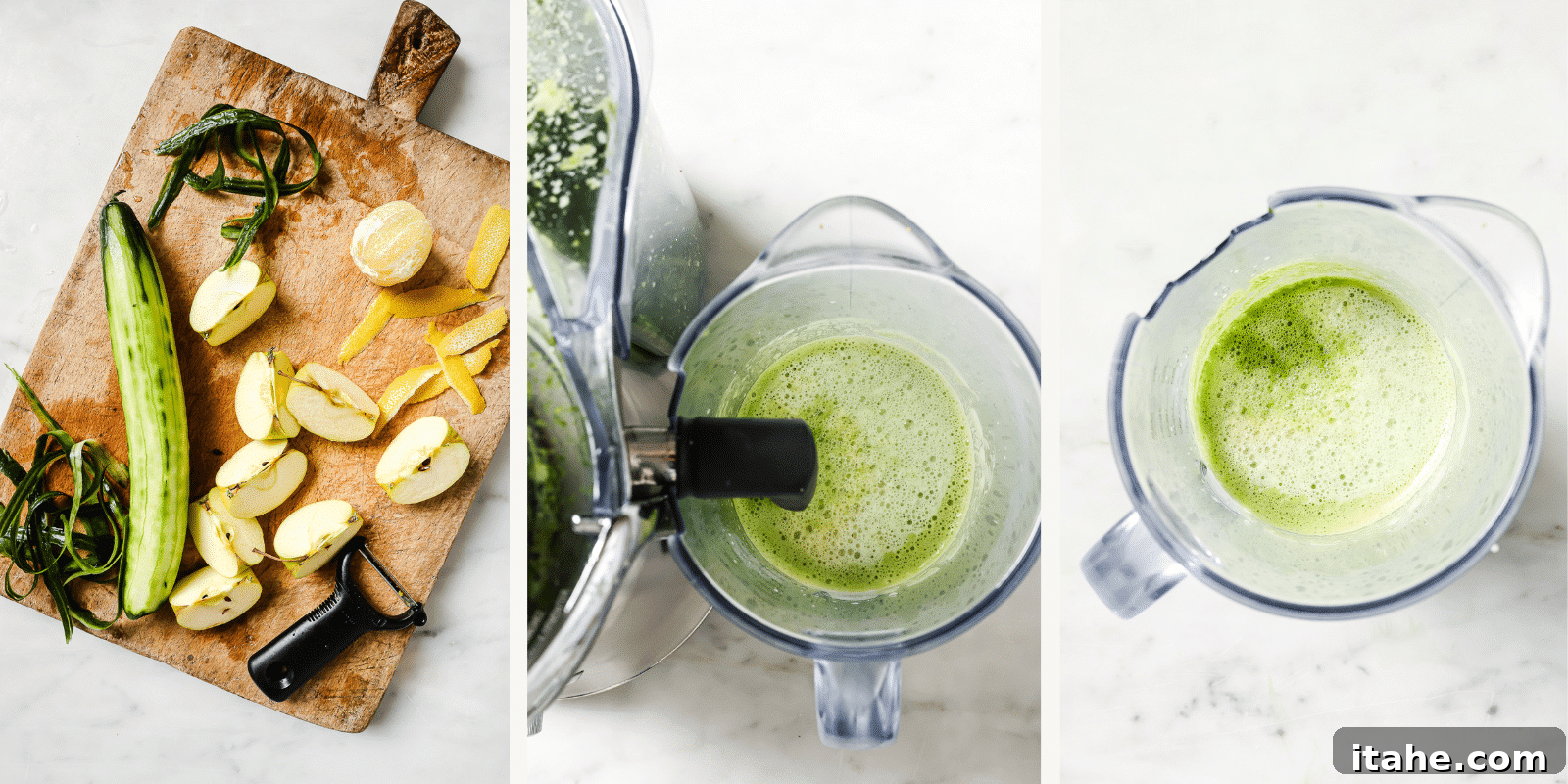 A person meticulously prepping and feeding fruits and vegetables into a juicer, with a vibrant green juice collecting in a pitcher, showcasing the hands-on process of making fresh juice.
