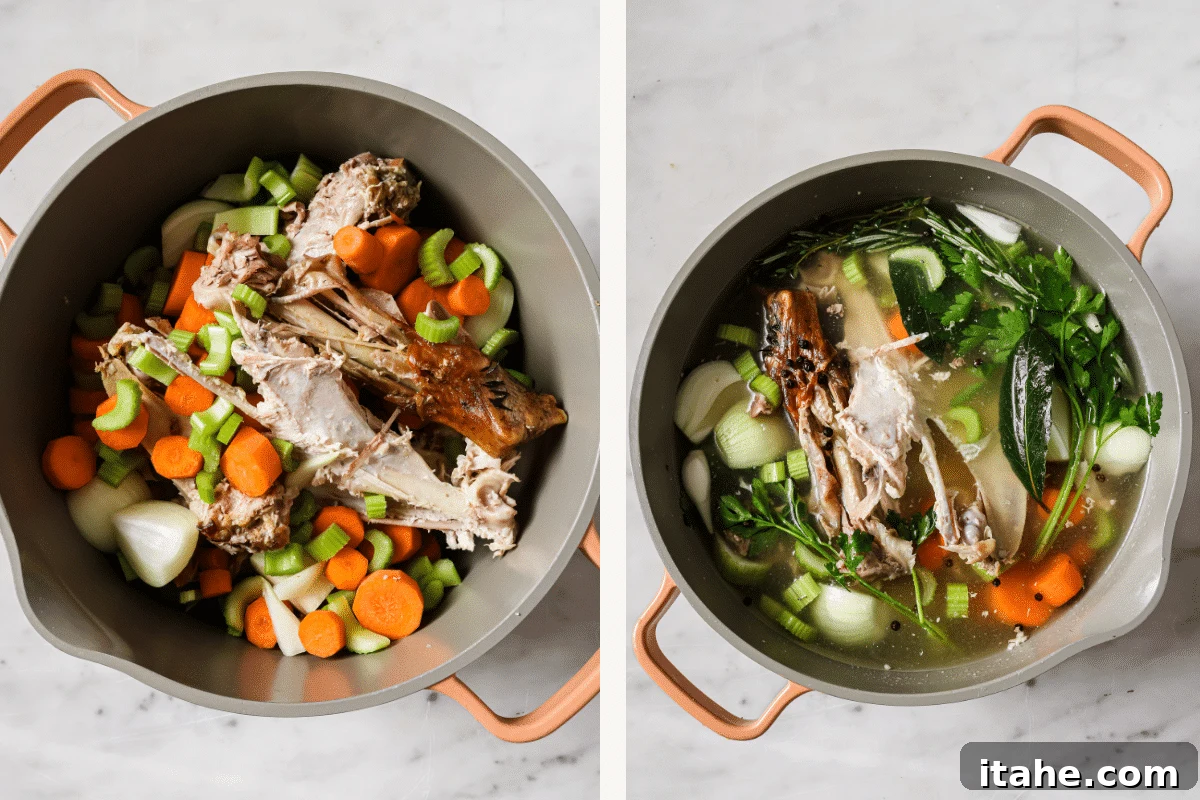 Left: Turkey broth ingredients in a pot. Right: Water added to the pot.