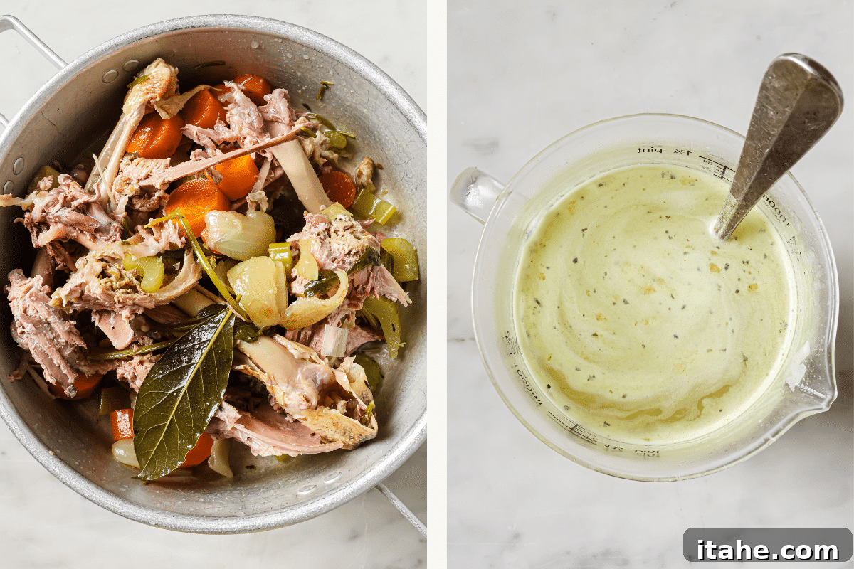 Left: Strained turkey broth solids in a pot. Right: Turkey broth in a pitcher.