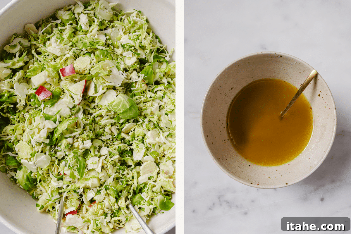 Left image shows chopped Brussels sprouts, apples, and shallots in a bowl. Right image shows a bowl of homemade salad dressing.