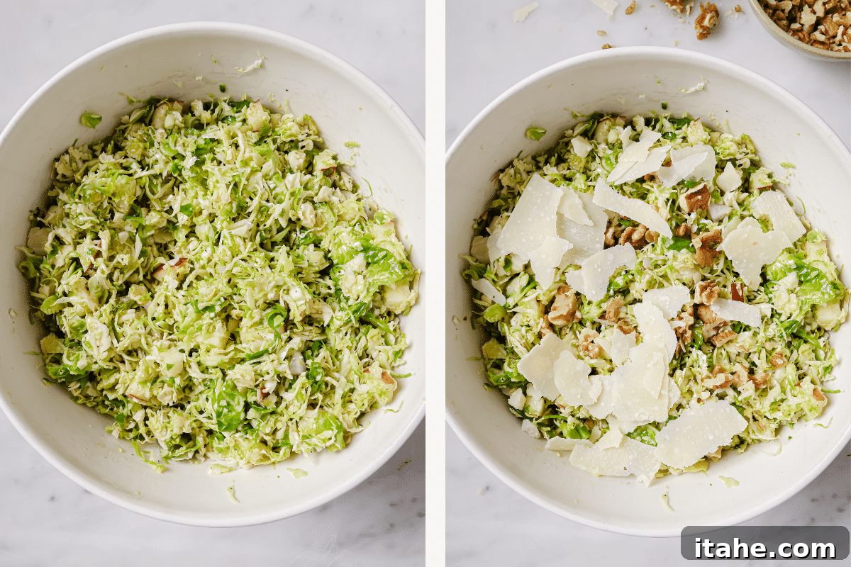 Left image shows salad mixed with dressing. Right image shows walnuts and parmesan cheese added to the salad for garnish.