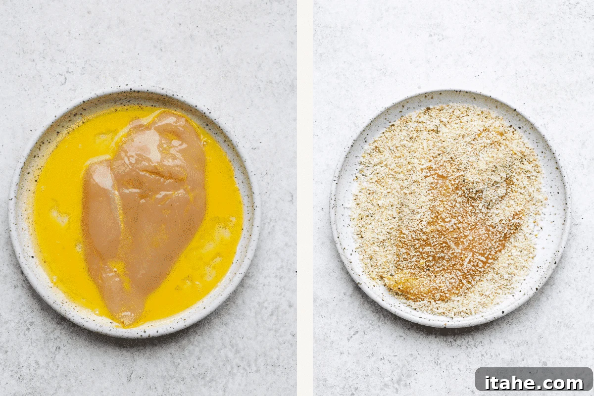 Crispy Baked Chicken Parmesan 4 Left image shows a chicken cutlet being dipped into whisked egg. Right image shows a chicken cutlet being covered thoroughly in Italian breadcrumbs.