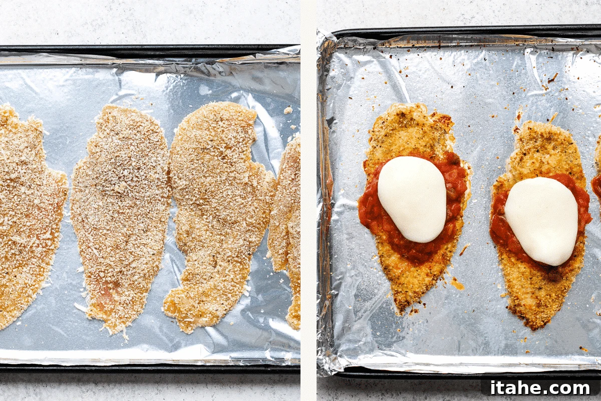 Crispy Baked Chicken Parmesan 5 Left image shows breaded chicken cutlets arranged on a baking sheet before cooking. Right image shows baked chicken cutlets covered in rich tomato sauce and melted fresh mozzarella cheese.
